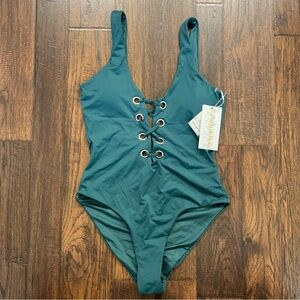 TiniBikini Women’s Teal Lace-Up One-Piece Swimsuit Size S